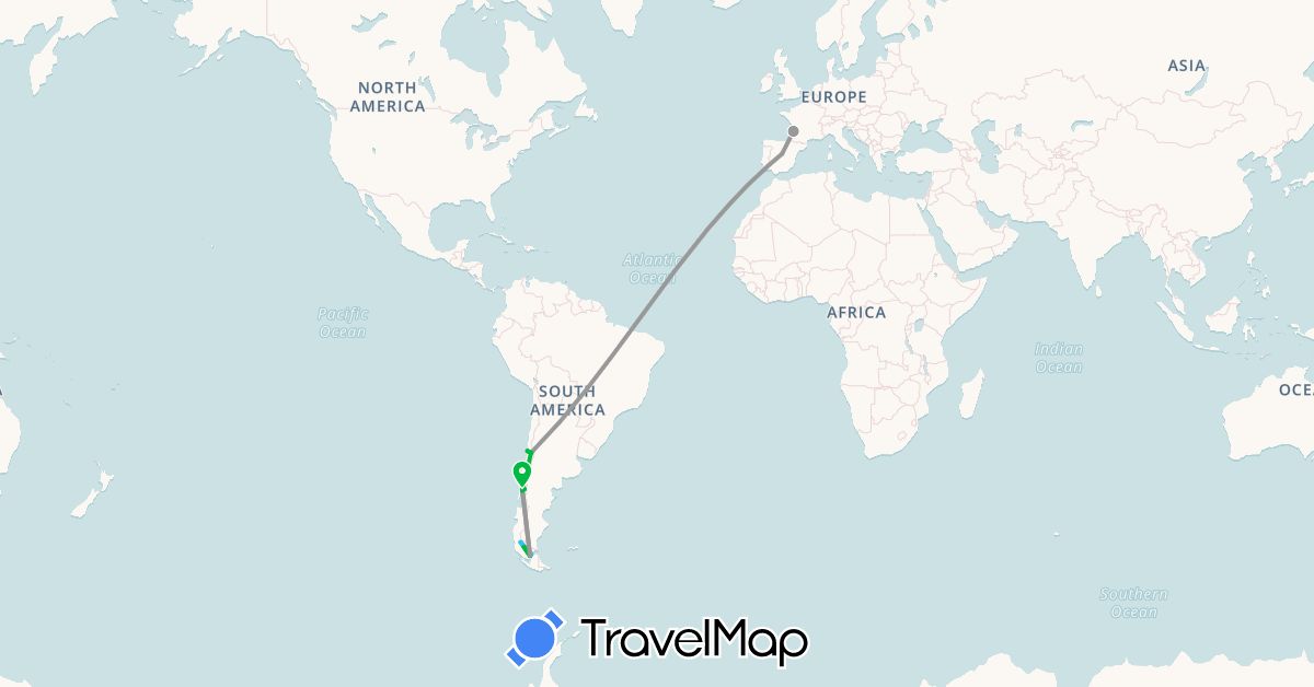 TravelMap itinerary: driving, bus, plane, boat in Chile, Spain, France (Europe, South America)